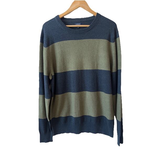 J. Crew Factory Sweater Mens Large Green Blue Rugby Stripe 100% Cotton NWT - Picture 1 of 7